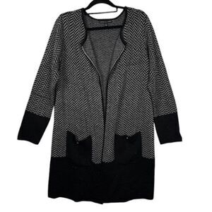 Adrienne Vittadini Long Cardigan Open Front Black houndstooth Pockets Size Large